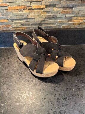 Clarks Black Suede Wedge Sandals with Cork Platform